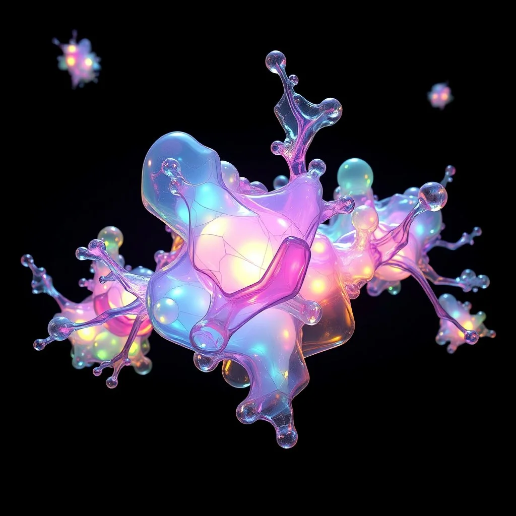 A series of colored translucent 3D structures continuously evolving and morphing, made of glowing glass-like material, futuristic organic architecture, iridescent surfaces with soft internal light, structures growing, branching, and dissolving into new forms, floating in a dark void, volumetric lighting, subsurface scattering, caustics, cinematic, hyperrealistic, octane render, 8k, trending on ArtStation.galaxy background