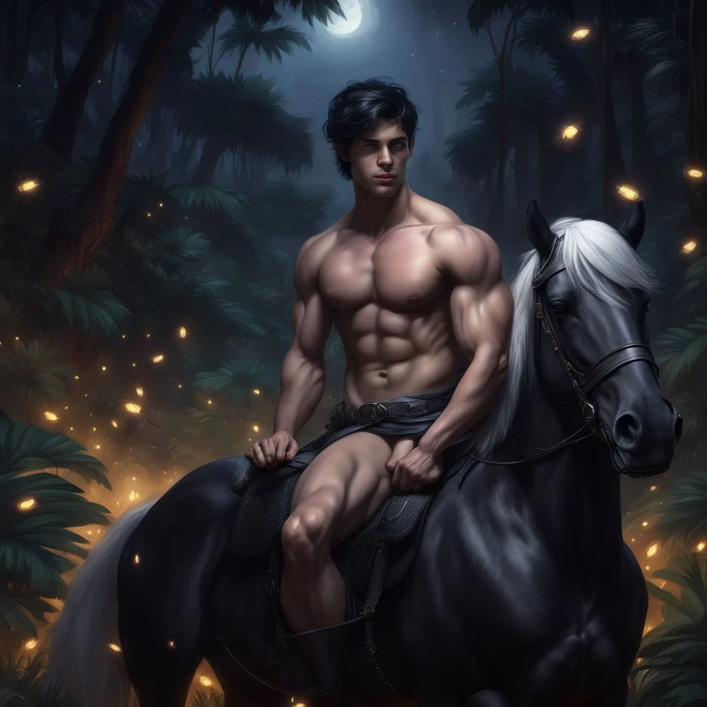 Hyper Realistic shirtless handsome muscular prince with short black hair sitting on a black horse with white hair in a dark jungle with fireflies at a dark night