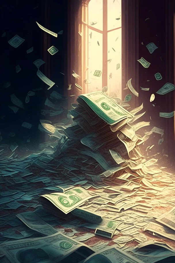 Money everywhere, ruined life illustration