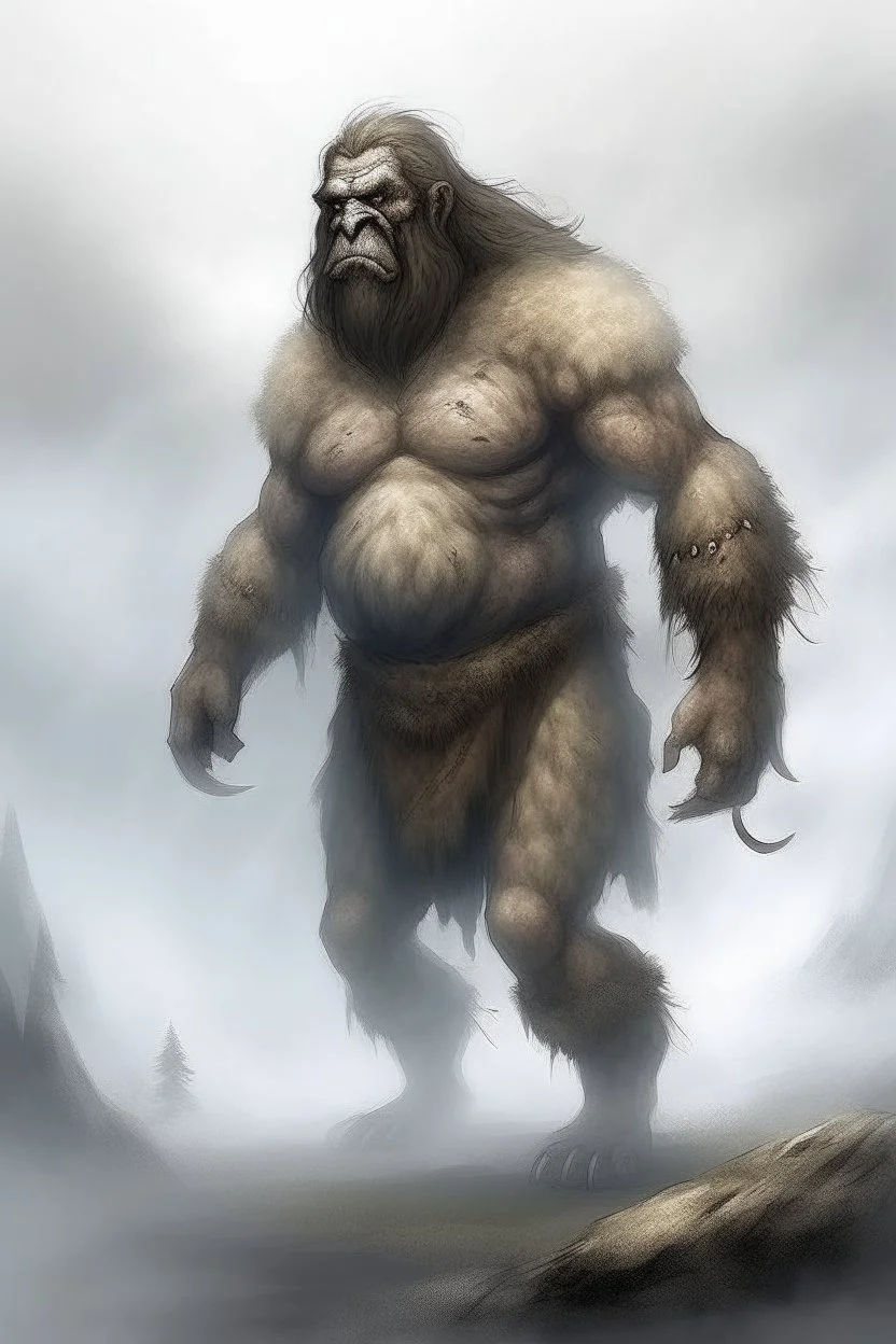 a foggy mist cloudy , a big giant man from Stone Age wearing a fur skin