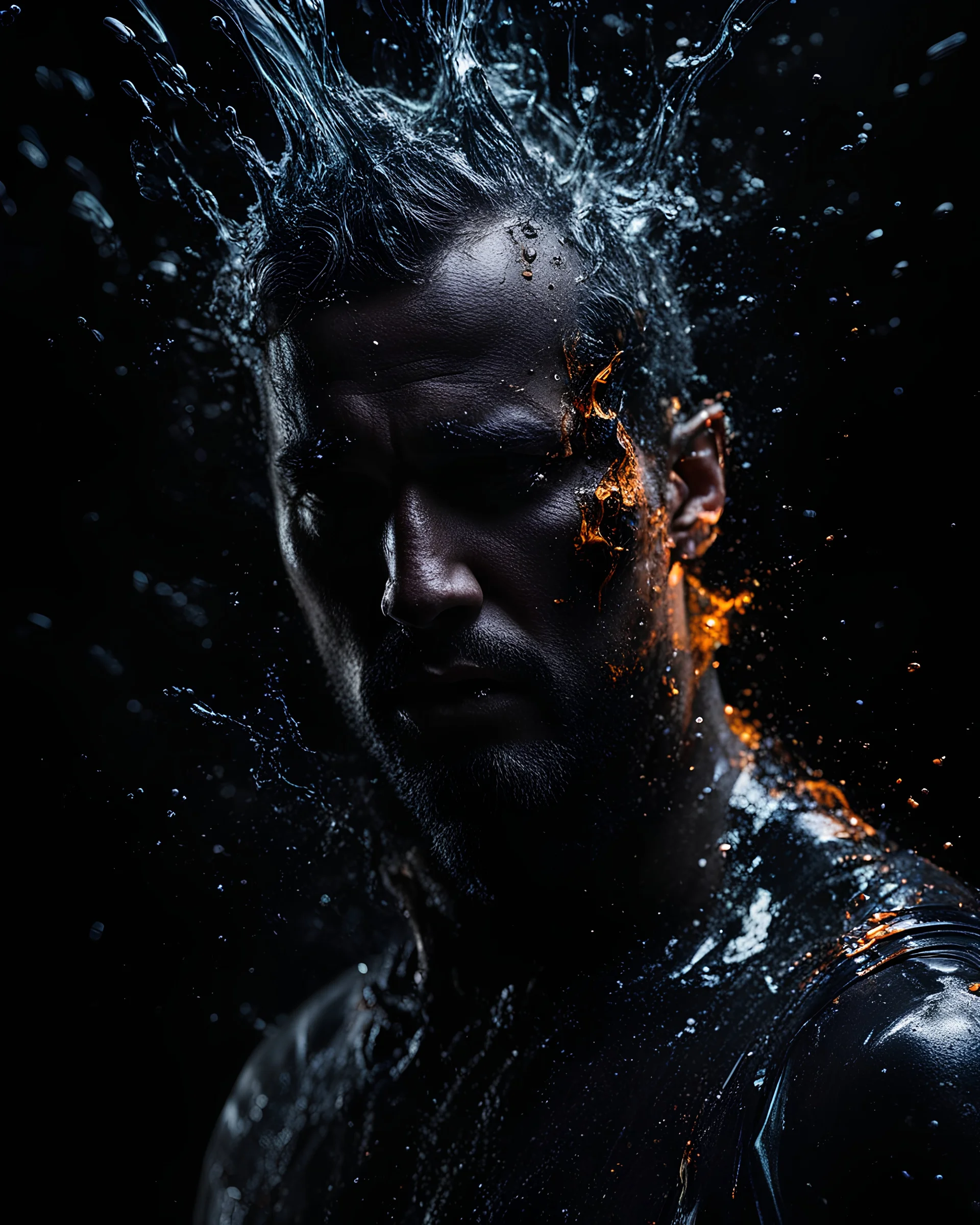 Portrait shot, Masterpice, man melting, art, {abstract}, heartless, 8k, black background, atmospheric, DLSR, soft focus, dispersion