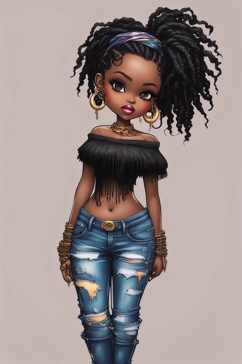 create a colorful abstract comic book art image 8k of a chibi curvy black female wearing torn jeans pants with fringe on the side and a black-tie dye off the shoulder blouse. Prominent make up with hazel eyes. Highly detailed long Senegalese twist in a hair wrap