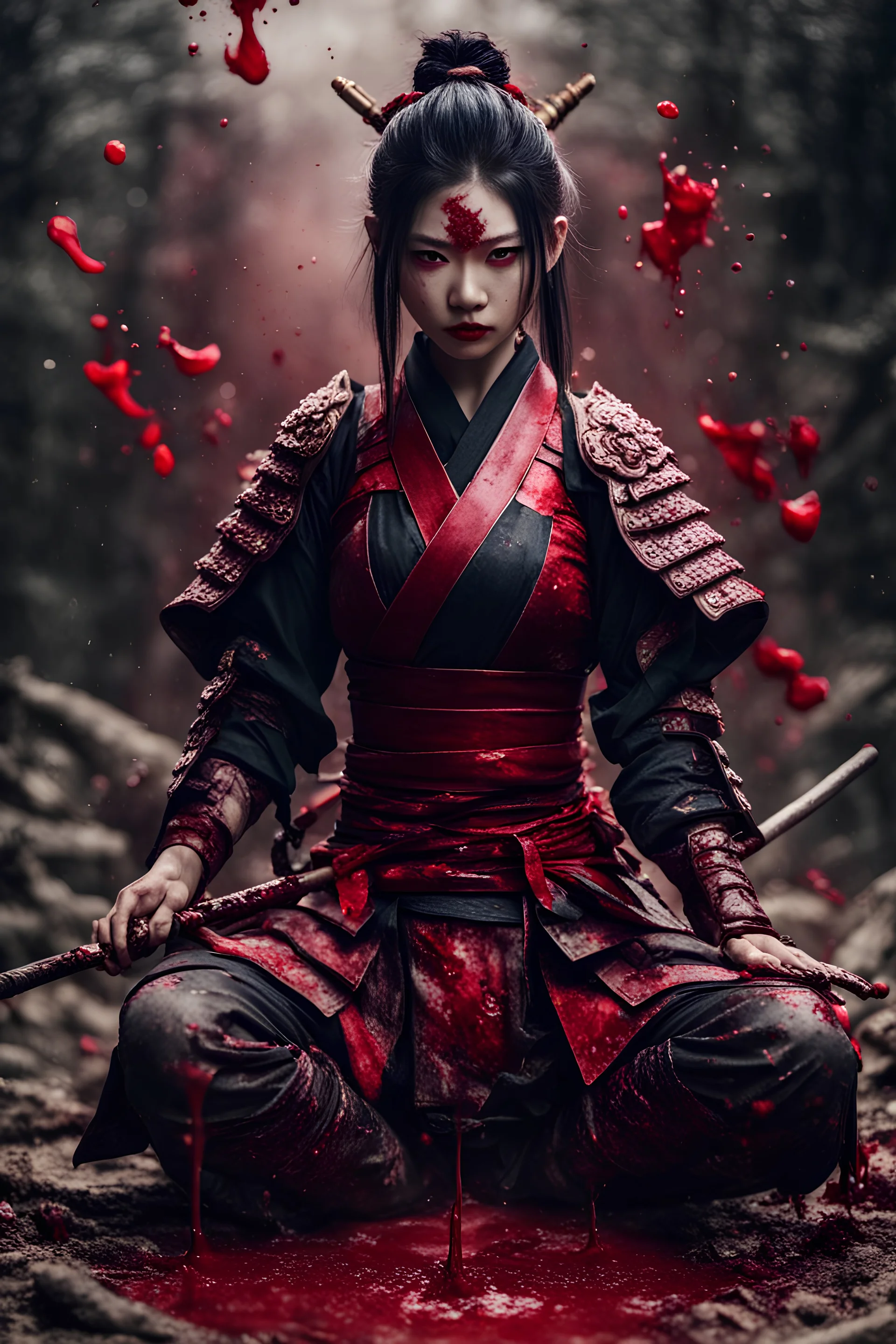 Tall girl samurai, siting pose, fullbody, splashes blood, behind guts rising from the ground, intricate, darkred tones, macro photography,