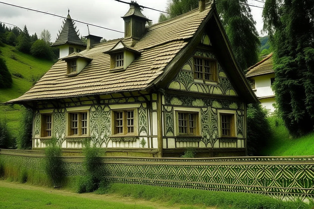 schita cu tema casa taraneasca din Bucovina , incadrata bine in rama , hasurat cu linii fine , cu mare acuratete si contrast , stil gravura pe metal