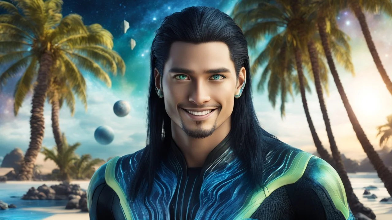 beautiful gorgeous young man na'vi with long hair, Avatar, blue skin, two small ears, green eyes, black hair, in cosmic suit, galactic ambiance, medium pointy goatee , smiling, with spaceship and planets and palm trees and clear crystaline cosmic beach in background