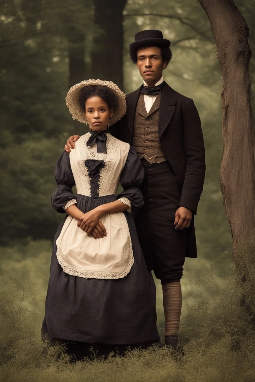 Mulatto siblings of older brother and younger sister in their thirties, dressed in simple 19th century clothing