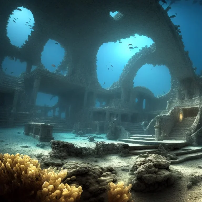 lost underwater city, Poseidon, highly detailed, cinematic, ultra photorealistic, ultra realistic, volumetric lighting, sun shafts, spectral, 4k, 8k, fish swimming around, murkey