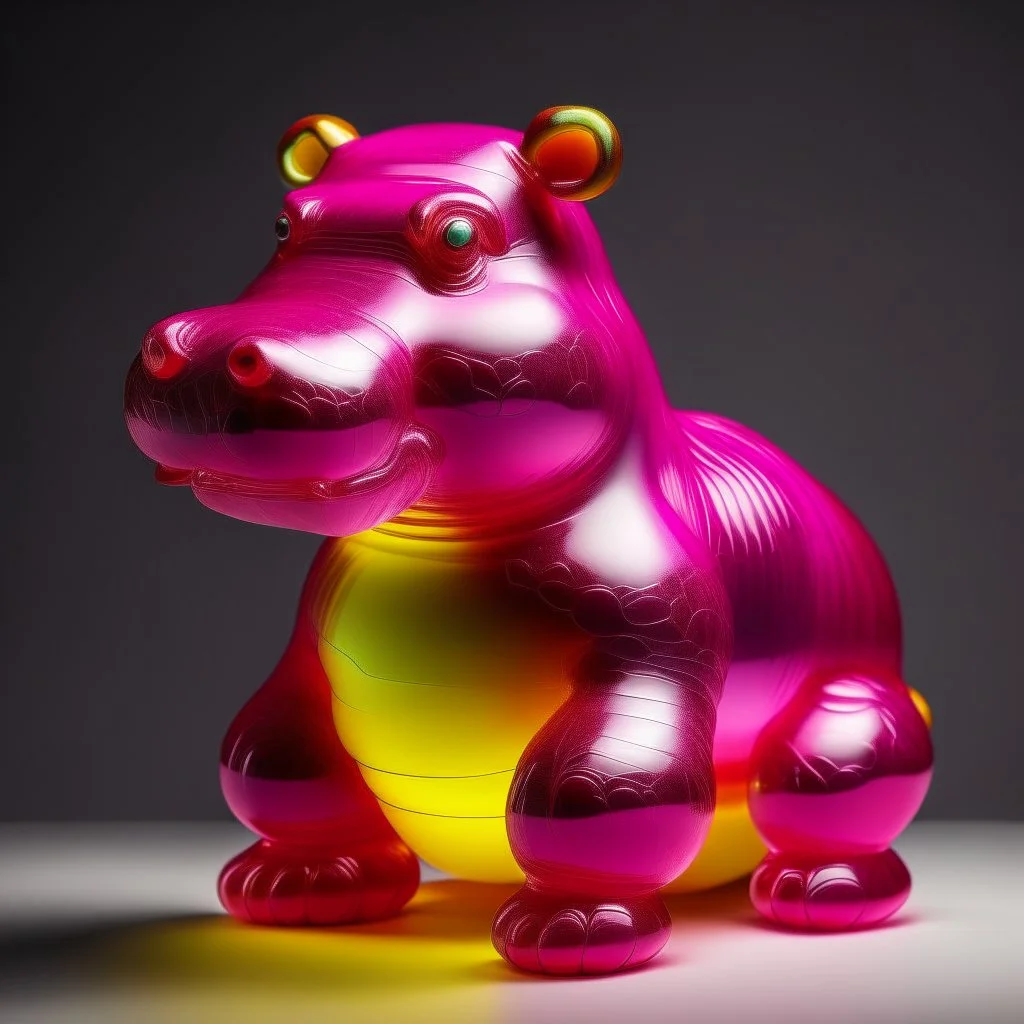 Jelly sculpture of an jolly anthropomorphic hippopotamus made of jelly, minimal, jelly art, hyperrealistic,