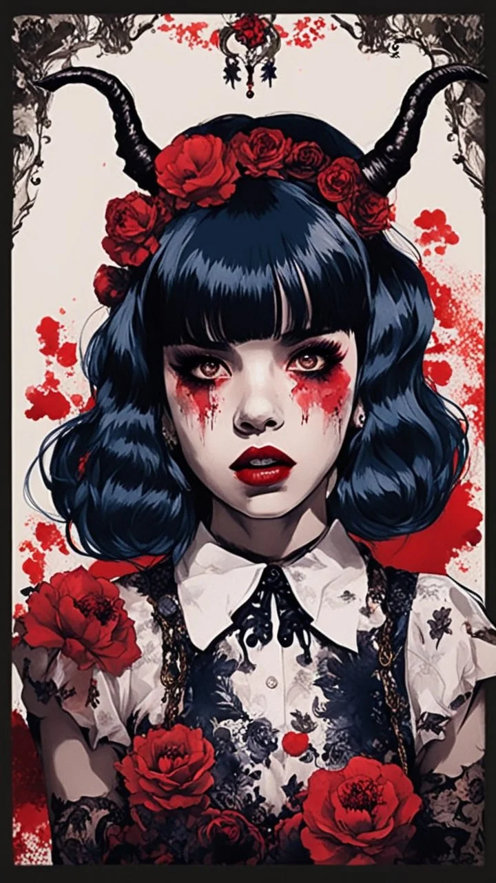 Poster in two gradually, a one side malevolent goth vampire girl face and other side the Singer Melanie Martinez face, full body, painting by Yoji Shinkawa, darkblue and sepia tones, wears a smart shirt which is embroidered with red flowers and ornaments, has dark eyes and horns