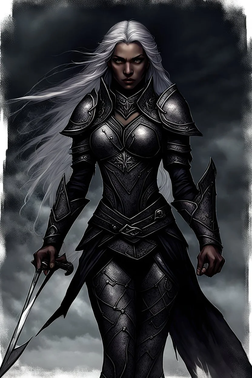 SA female elf with skin the color of storm clouds, deep grey, stands ready for battle. Her long black hair flows behind her like a shadow, while her eyes gleam with a fierce silver light. Despite the grim set of her mouth, there's a undeniable beauty in her fierce countenance. She's been in a fight, evidenced by the ragged state of her leather armor and the red cape that's seen better days, edges frayed and torn. In her hands, she grips two daggers, add dark shadow mystic purple flames