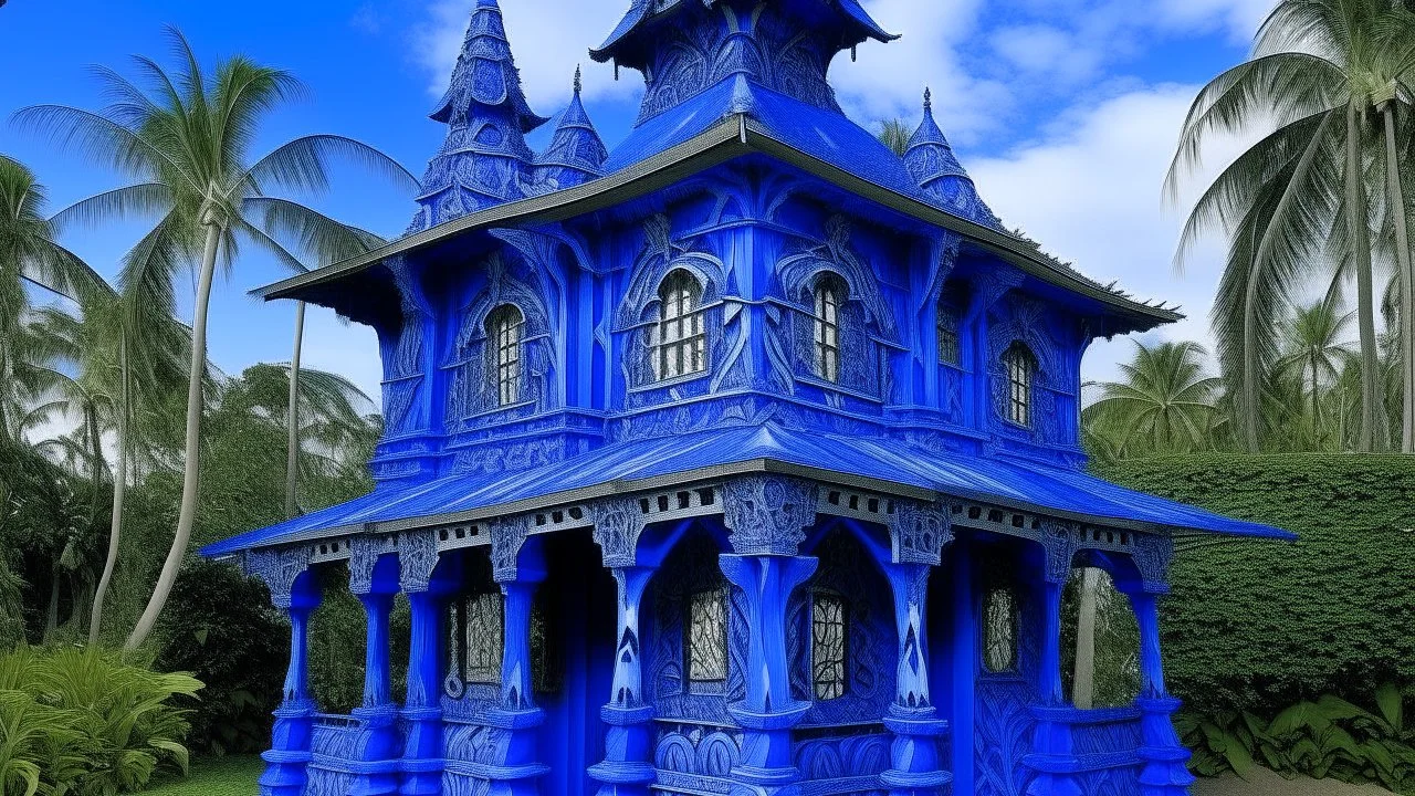 A blue violet castle designed in Hawaiian tikis painted by Leonardo da Vinci