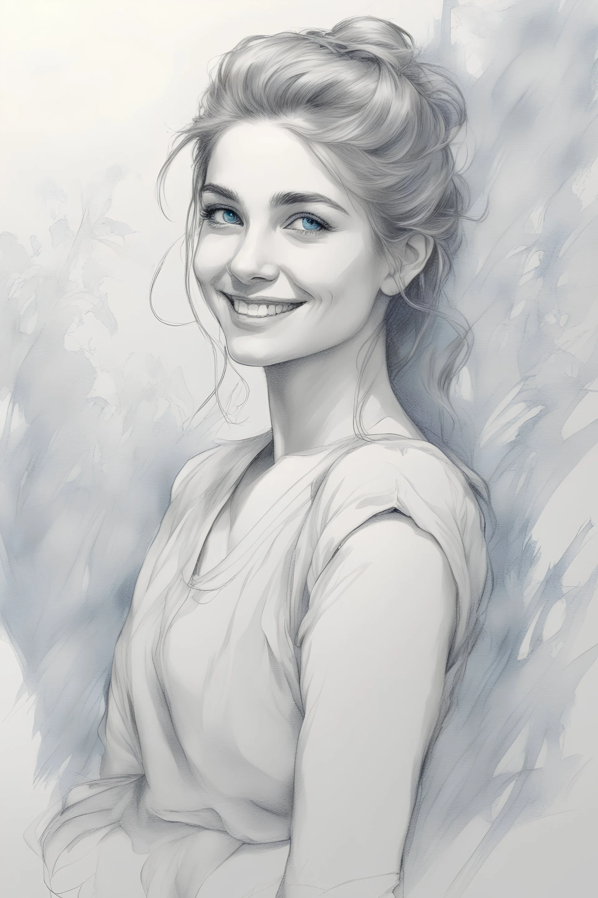 smiling young woman portrait with beautiful thick eye brows, Drawing with a blue ink pen Inspired by the works of Daniel F. Gerhartz, with a fine art aesthetic and a highly detailed, realistic style