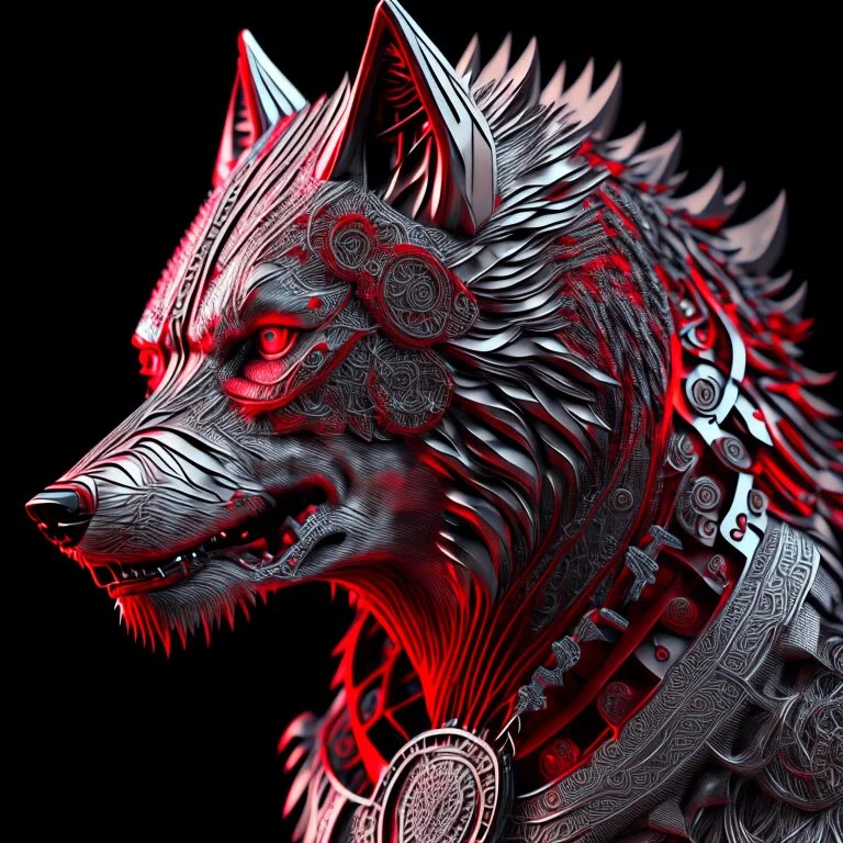 Wolf humanoide,mitad hombre mitad Wolf, calidad ultra, hiperdetallado, intrincado, maximalista, colores plateado y rojo, 8k 3D