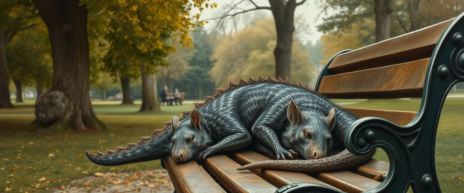 master oil painting by Rembrandt, fat old rat dragon sleeping on a bench in the park