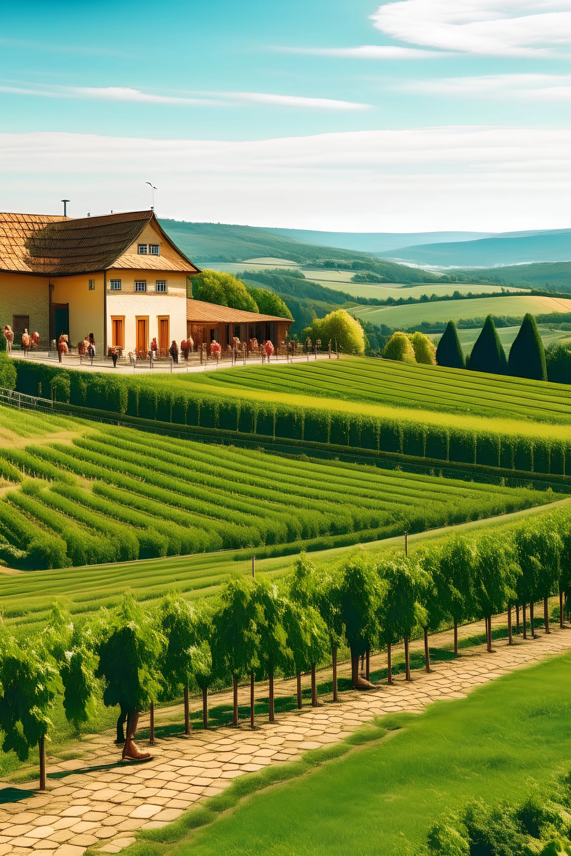 Winery on the top of the hill in the sunny day. In the middle of the vineyards. the owner of the winery is a man which name mean Duck