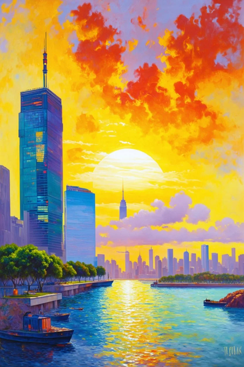 Amazing sunset, buildings, rocks, distant city, cyberpunk, sci-fi, otto pippel, and claude monet impressionism paintings