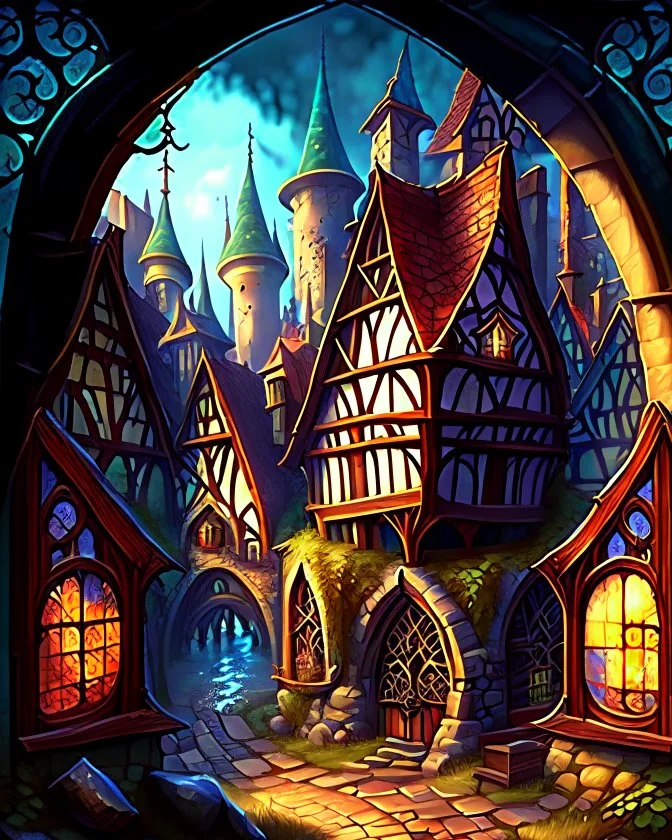 medieval dwarf town with stained glass window buildings fairytale rpg art