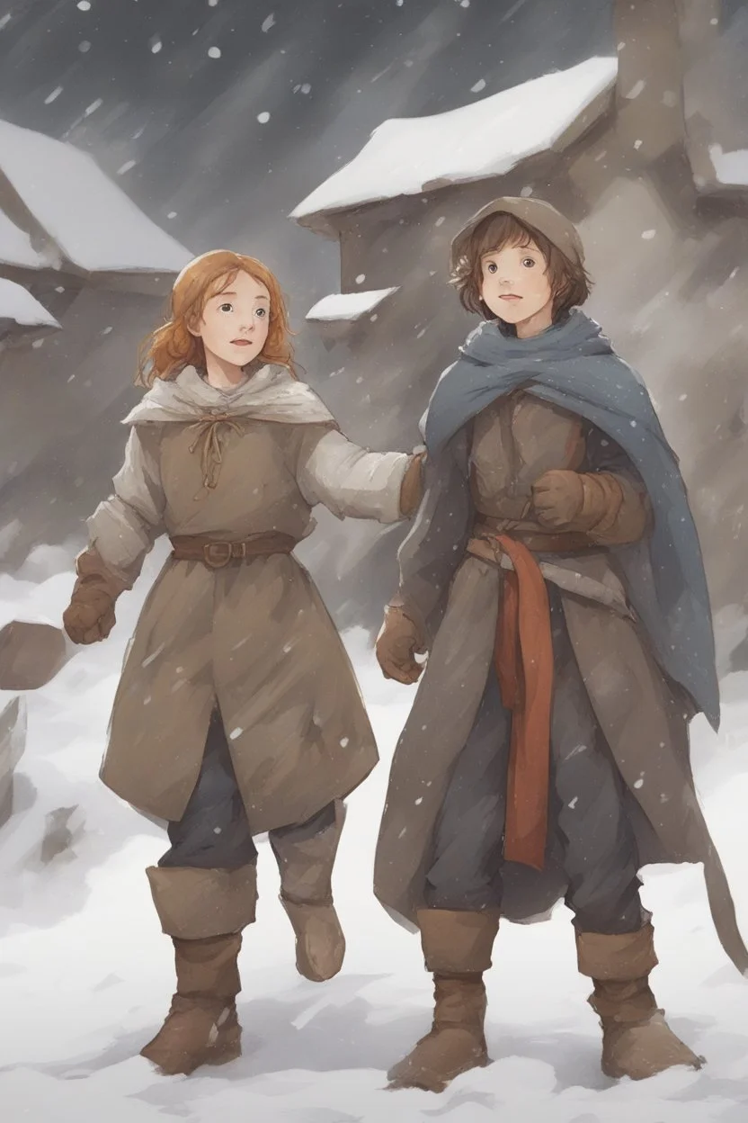 DnD style, two medieval peasant kids playing in the snow male and female, age 14 and 15, happy and playful