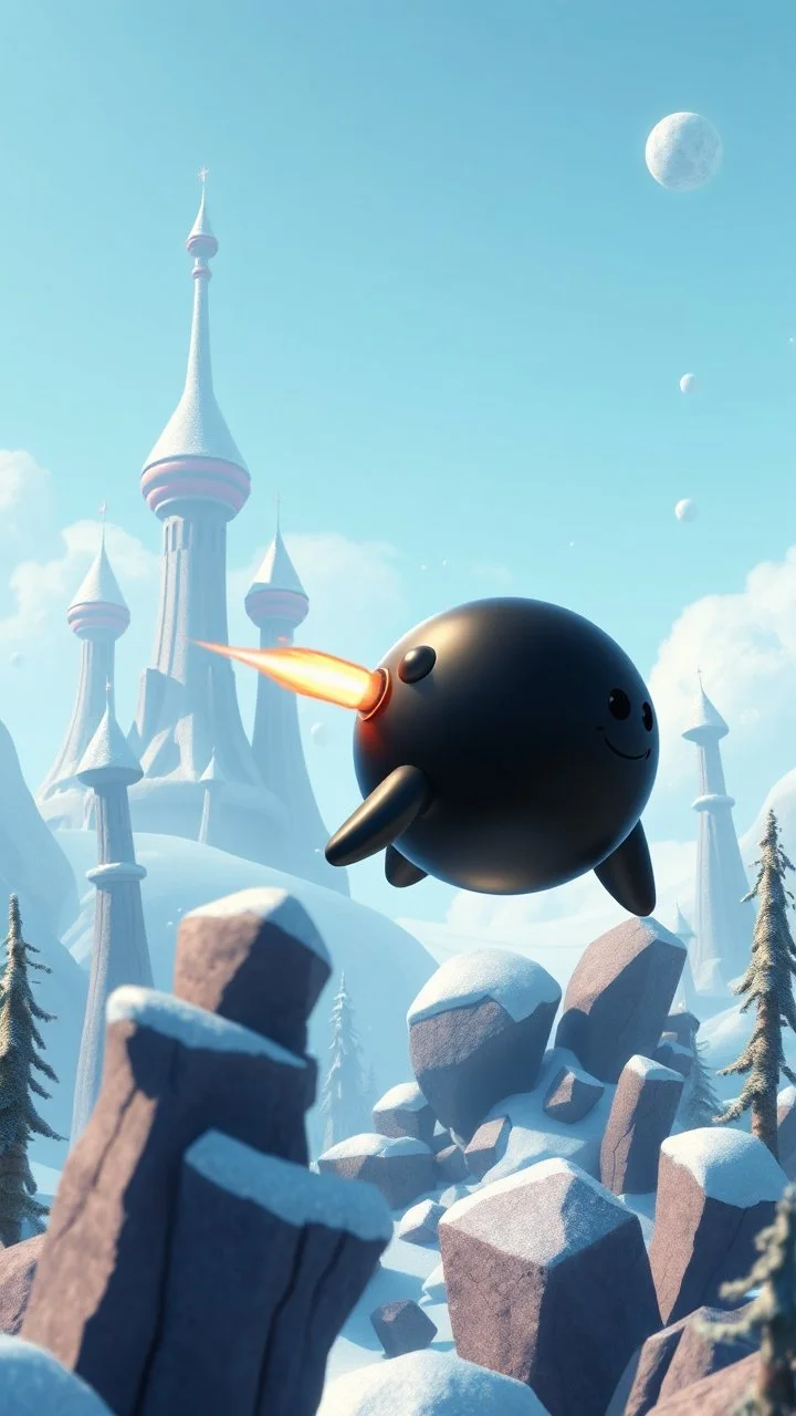 cannon blasting shooting a shiny black ball that looks like a seal rocket above frozen artic jungle with weird alien towers gets torn apart under him, in the style of Pixar, expertly crafted in a whimsical and vibrant cartoon style. is masterfully rendered in a lifelike 3D design, which captivates viewers with there irresistible charm.