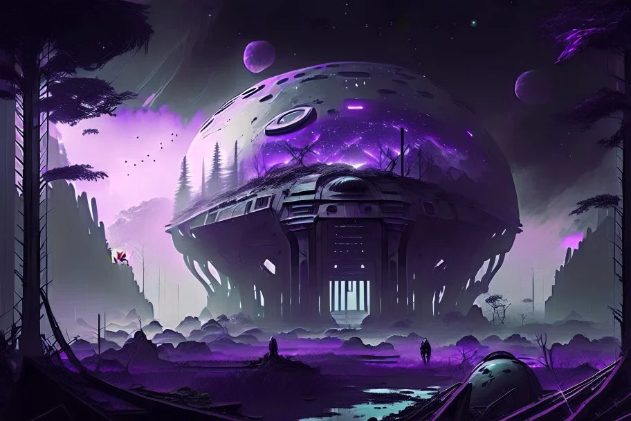 Futuristic Colony, White Building, Human Colony, Large Dome, Alien Planet, Corrupted Forest, Dense Purple Fog, Dead Soil, Black Night Sky, Stars, Space, Distant Planets