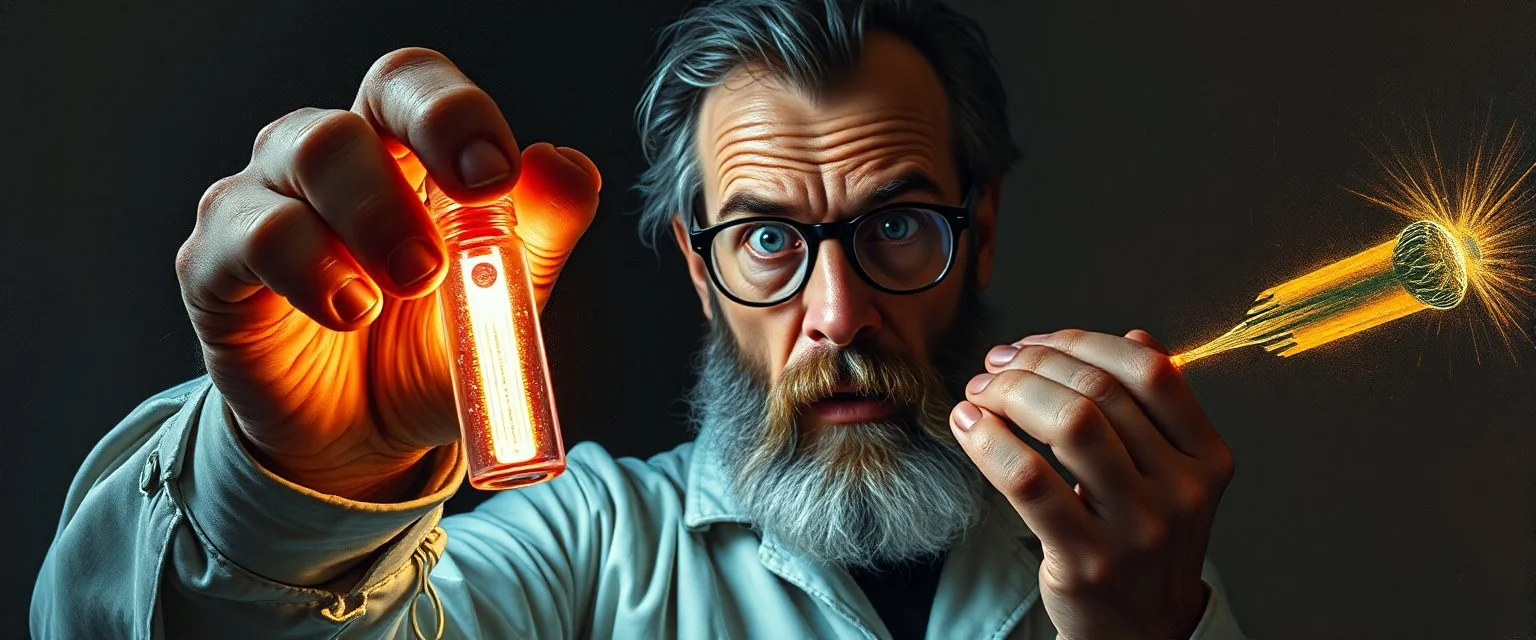 pin hole cam, master oil painting by Rembrandt, realistic rendering of crazy scientist holding a holy neon glowing super power tube vial