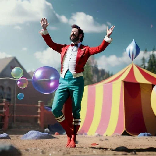 Ultra realistic circus scene. dancer man, waist up view, Wes Anderson style, happy, bubbles, butterflys, dark ambient, highly detailed, concept art, unreal engine 5, god rays, ray tracing, RTX, lumen lighting, ultra detail, volumetric lighting, 3d, finely drawn, high definition, high resolution.