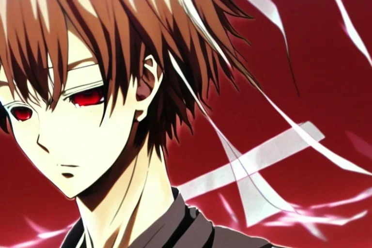 Detailed pretty anime boy, brown hair with blonde strips, keep head in frame, headshot, glaring, brown eyes, covered in bandages, looking serious, illustration, digital painting, only one character, color scheme red, wearing many bandages, Osamu Dazai inspired, anime inspired, manga, dazai, red hair, Chuuya, pretty, scruffy, angry, brooding, manga inspired, small nose, long lower eyelashes, handsome, one character, headshot, glaring, cute, wearing a bandage on neck, small nose, scruffy hair