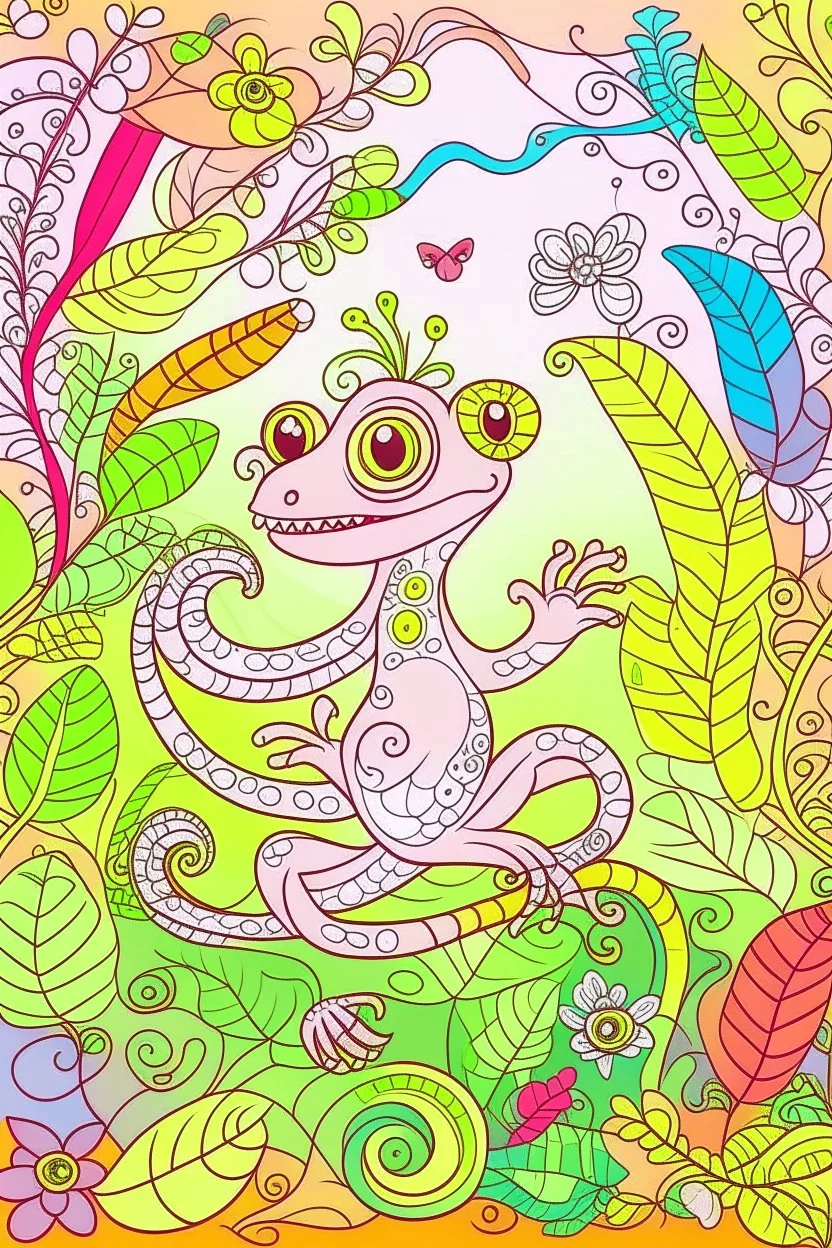 HAPPY NEW YEAR coloring page for kids, A cute gecko climbing a swirling vine in a colorful forest, cartoon style, thick outline, low details, no shading, no color