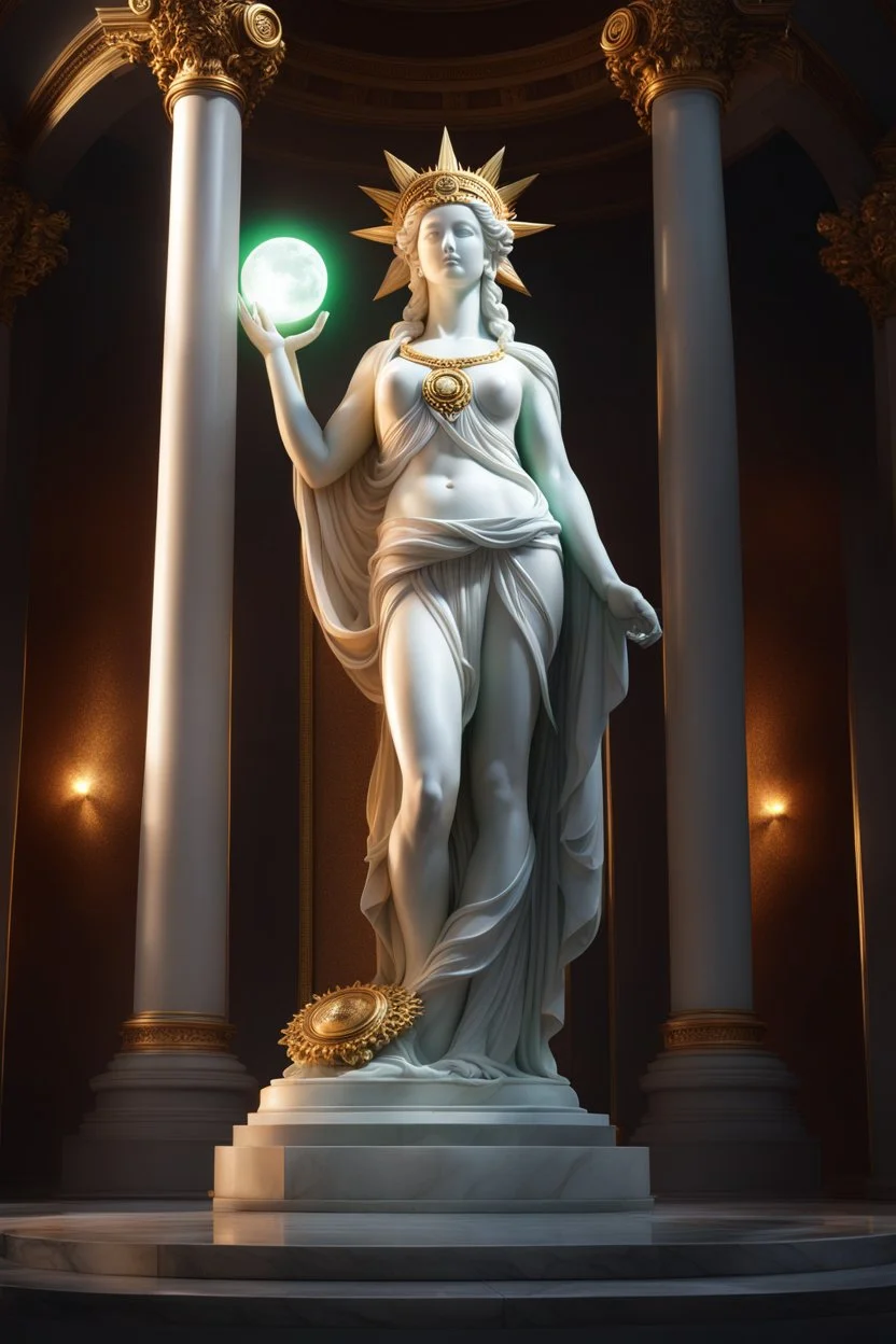 highly detailed marble and jade statue on a plint of the 40 year old roman goddess of the sun holding the sun in her hands. glowing sun halo around head. face of a model. beautiful legs. beautiful feet. tiny bosom. full body shot, volumetric fog, Hyperrealism, breathtaking, ultra realistic, unreal engine, ultra detailed, cyber background, Hyperrealism, cinematic lighting, highly detailed, breathtaking, stunning temple environment