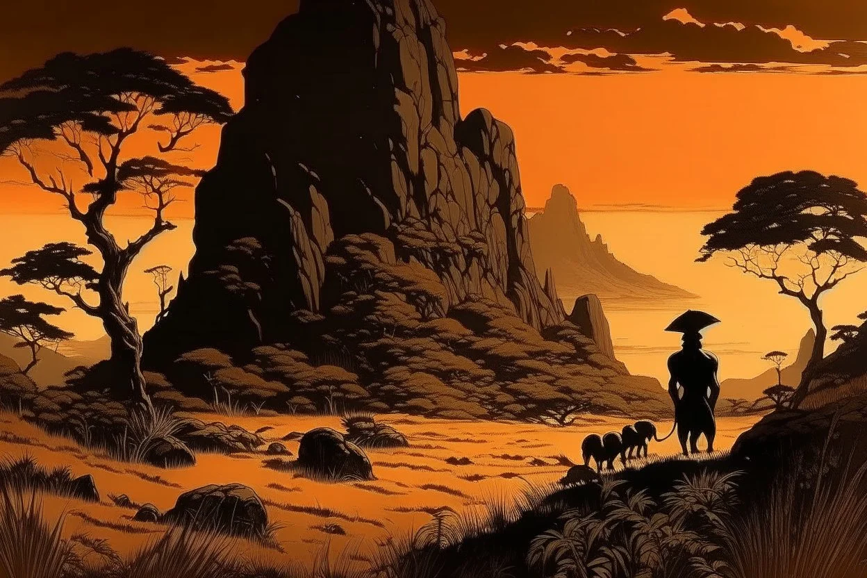 A dark brown savanna with a giant rock at sunset designed in African masks painted by Albrecht Durer