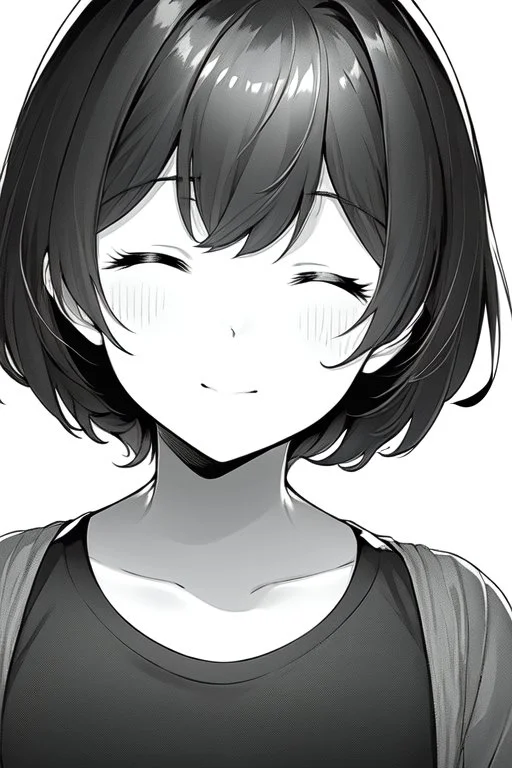 short hair girl, closed eyes, close-up, greyscale