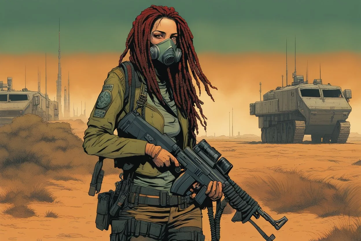 front facing full length portrait illustration of a grunge armored female with beaded dreadlock hair cyberpunk vampire mercenary with gas mask, telecommunications headset, and shemagh, highly detailed with gritty post apocalyptic textures, toxic irradiated landscape, finely detailed facial features and hair, in the graphic novel style of Bill Sienkiewicz, and Jean Giraud Moebius