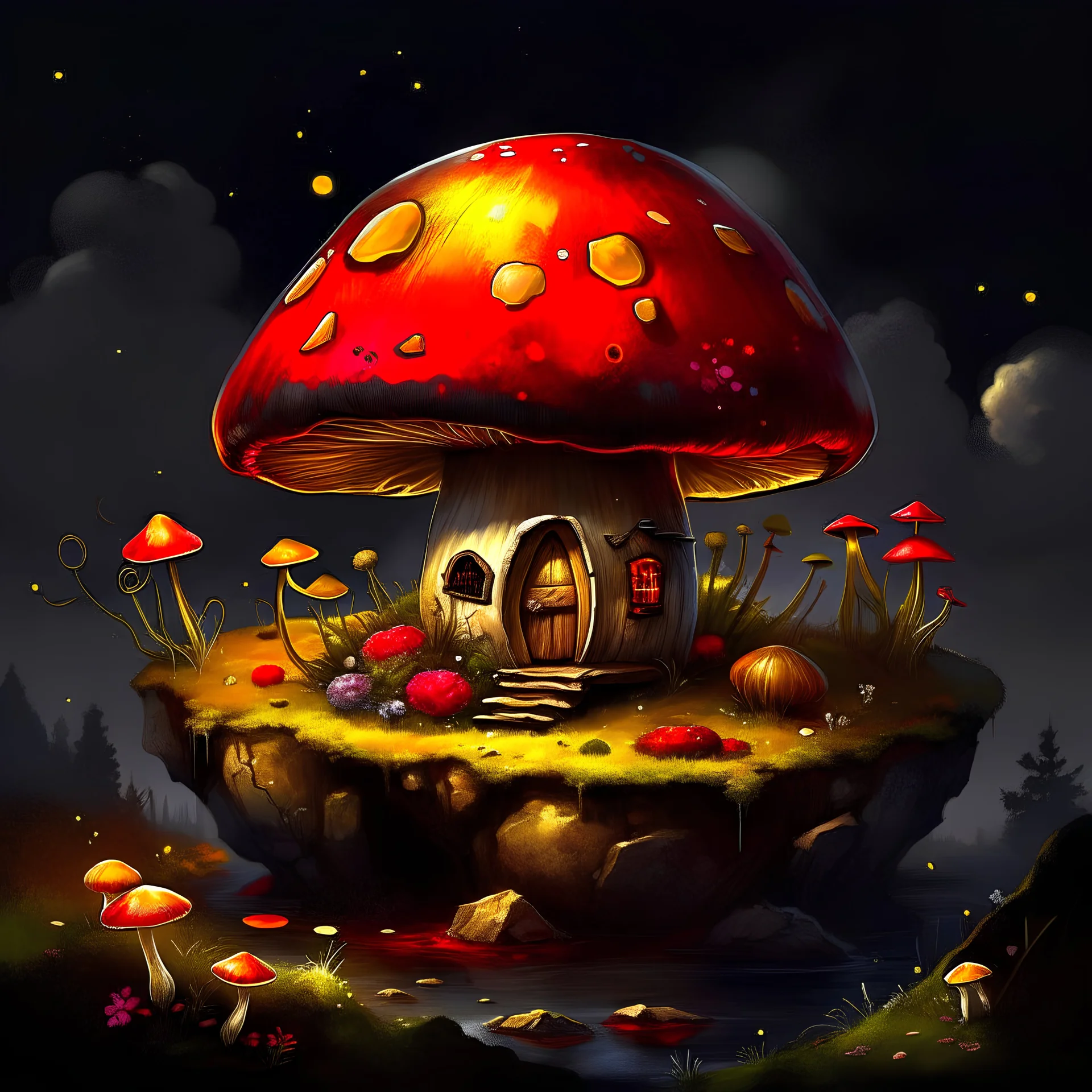 Wonderful spotless mushroom house in space. Floating Island in space. Black, crimson and lemon colored. fine detail oil painting photo realistic hyper detailed perfect composition trending on artstation.