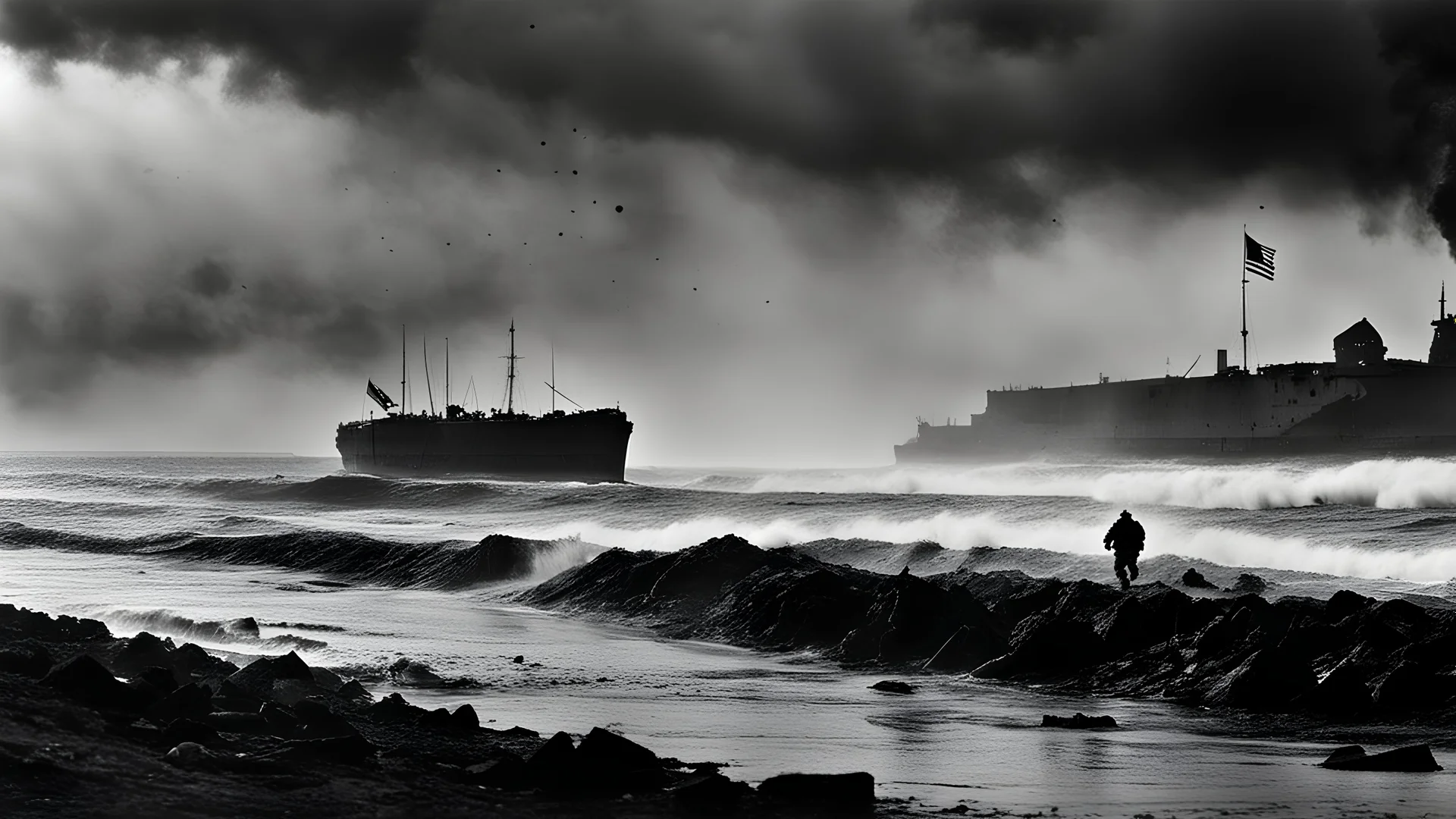 (1944 year World War II chronicle Normandy landings:1.8), dark black oil theme, dark noir style, AshleyWoodArtAI Greg Rutkowski, (scene from movie saving private ryan:1.4), Soldiers run along the Omaha beach, rock fortification and dots, USA flag, black smoke and fog, liquid black oil splash and droplets, dynamic action motion capture, colorful, luminism, bioluminescence, studio lighting, hyper detailed, (masterpiece, best quality:1.4),