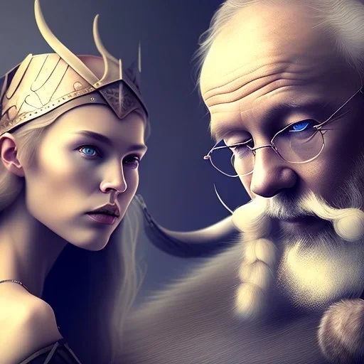 Viking theme, a younger woman sitting next to a 50-year-old man, portrait, 8K, close-up face, anatomically perfect face, Highly detailed stunning full frame portrait, misty and cloudy atmosphere