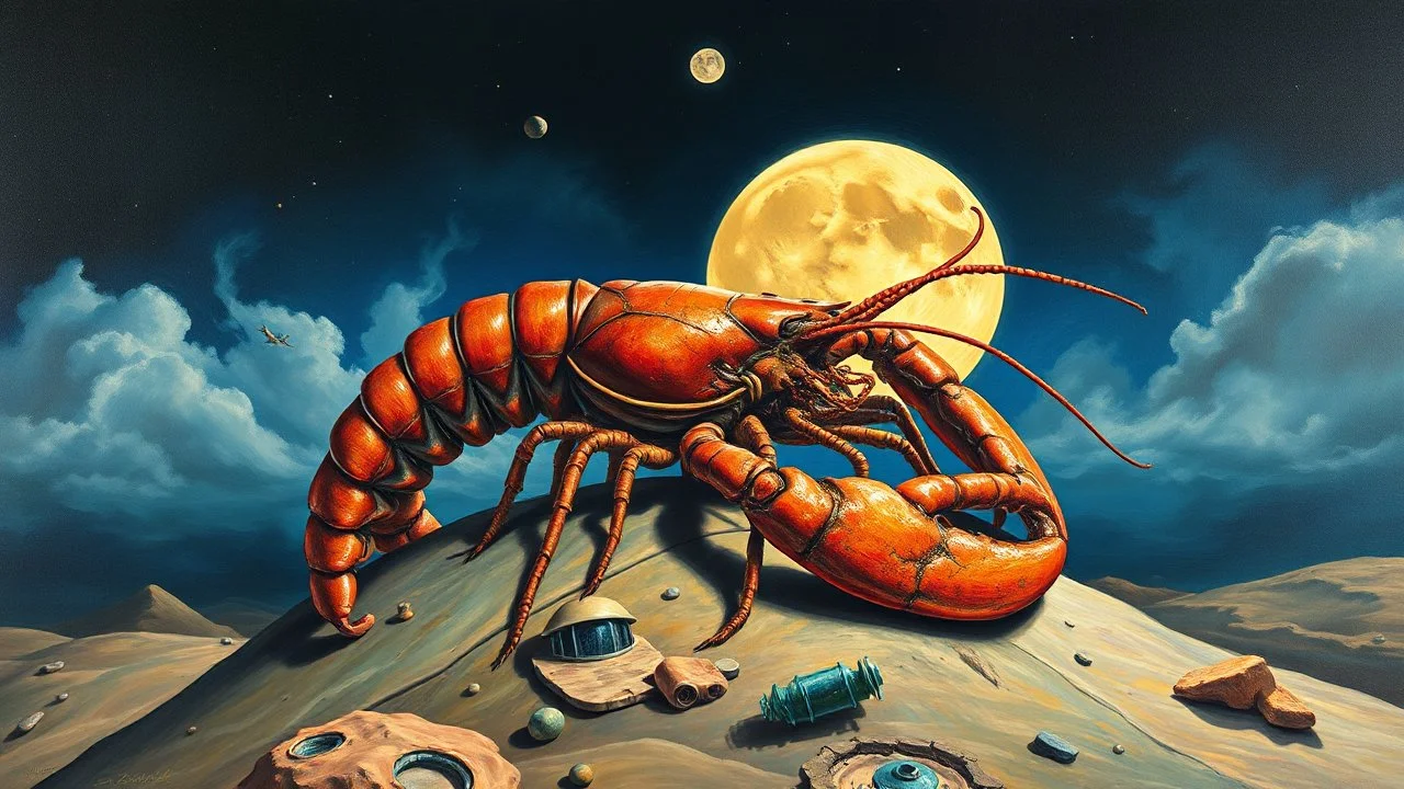 surreal concept art of a giant lobster crawling on the moon, with intricate details and vibrant colors, inspired by Salvador Dali's "Lobster Telephone", (long shot), realistic painting