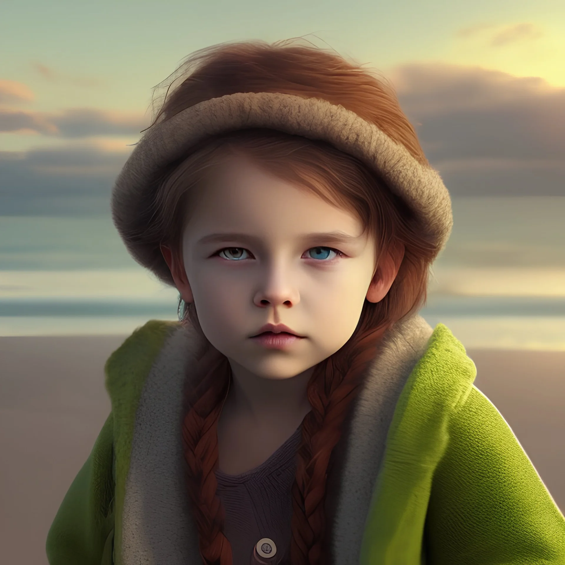 Portrait of a child sitting on a beach, green eyes, dark hair, round face, wheatish complexion, vibrant hair, sunrise.