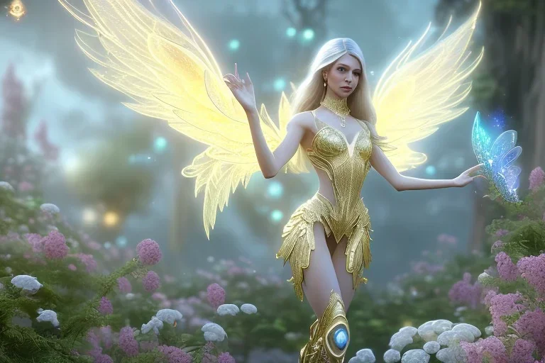  beautiful cosmic fairy, long hair, golden skin, nice smiling, transparent wings, magic glamour make up, delicate colors, beautiful glamour galactique dress, ultra sharp focus, 8k, unreal engine 5, extremely sharp detail, light effect, soft light atmosphere of a spaceship, smooth, full of details, face in front, complete vision of face and hair and body