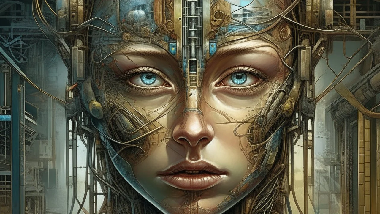 Peter Gric masterpiece illustration of a front complex biomechanical woman colored face mixed to supplies (detailed eyes, nose, mouth , neck), made of various colored metal objects all around and inside head, centered composition, HDR, UHD, all in focus, clean face, no grain, concept art