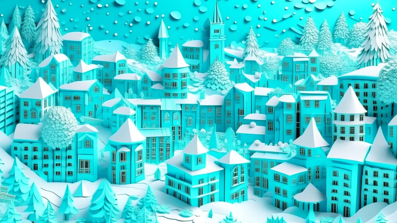 A cyan city in winter season with falling snowflakes designed in Japanese origami painted by Claude Monet