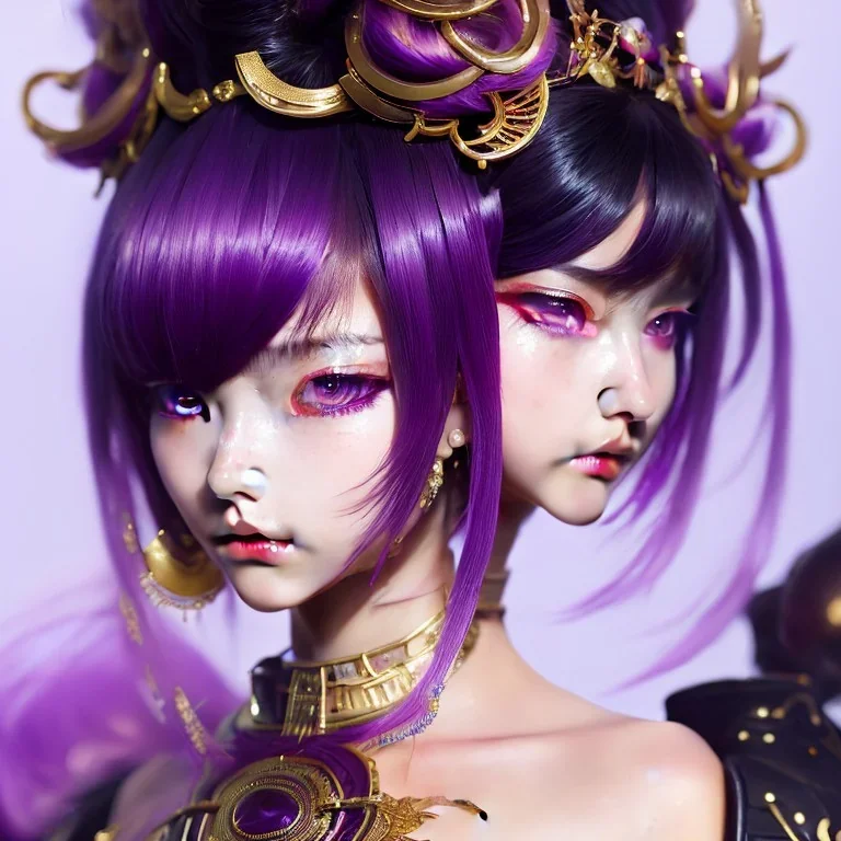 Detailed cute anime girl, purple hair buns, purple bangs, black latex bodysuit, intricate details, full body portrait, keep head in frame, slight smile, black Japanese motif, concept art, highly detailed, digital painting, concept art, sharp focus, illustration, art by Yoji Shinkawa, WLOP and greg rutkowski and alphonse mucha and artgerm and yanjun Chen and Junji ito and Makoto Shinkai, HDR, octane render