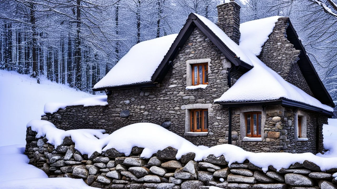 stone cottage in forest in winter