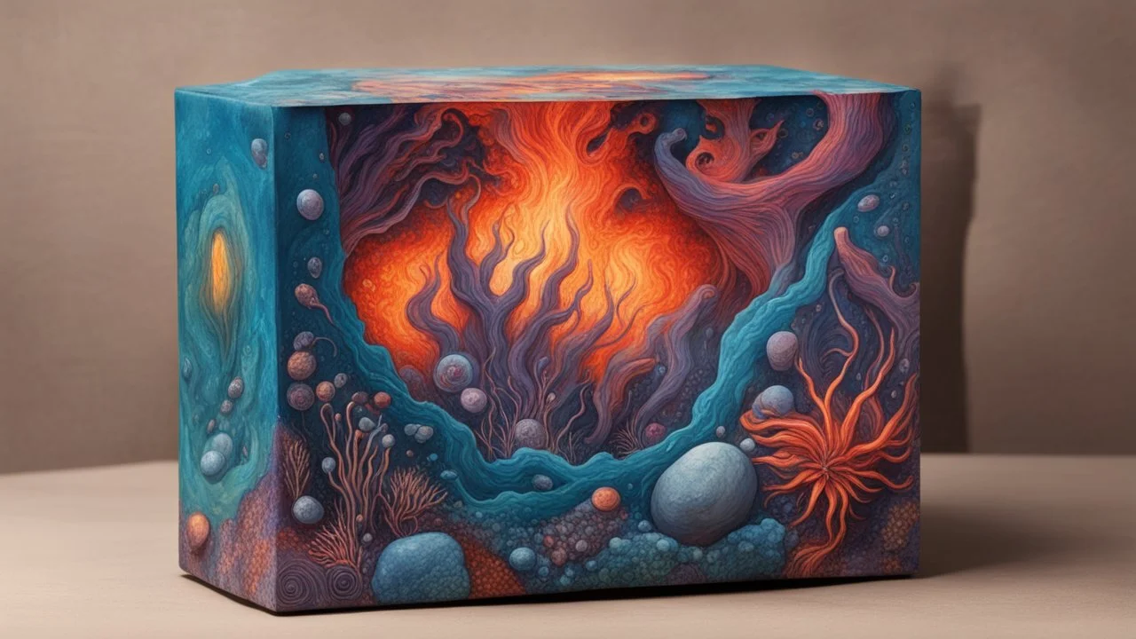 creatures, plants from subanautica from deep sea, drawn on the box, beautiful, magma from a Vulcan with a beautiful colours, minerals