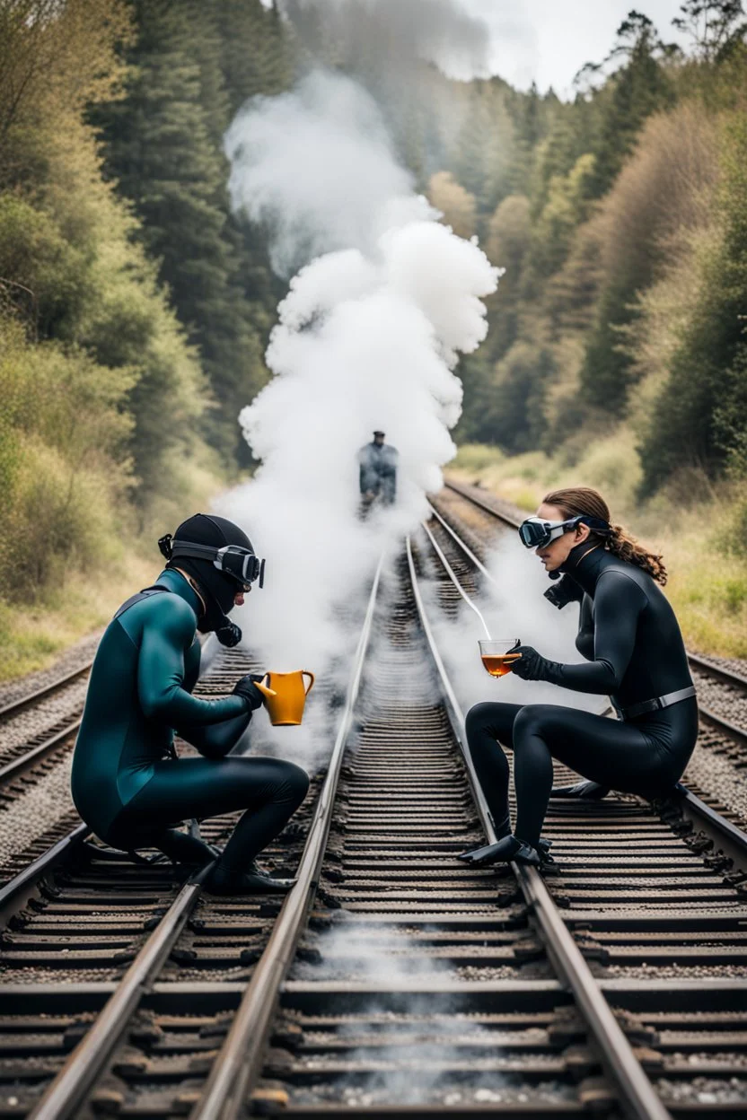 2 people are sitting on a train track, having tea at a round table; they have wet suits on with flippers and dive goggles; a steaming train is coming right towards them