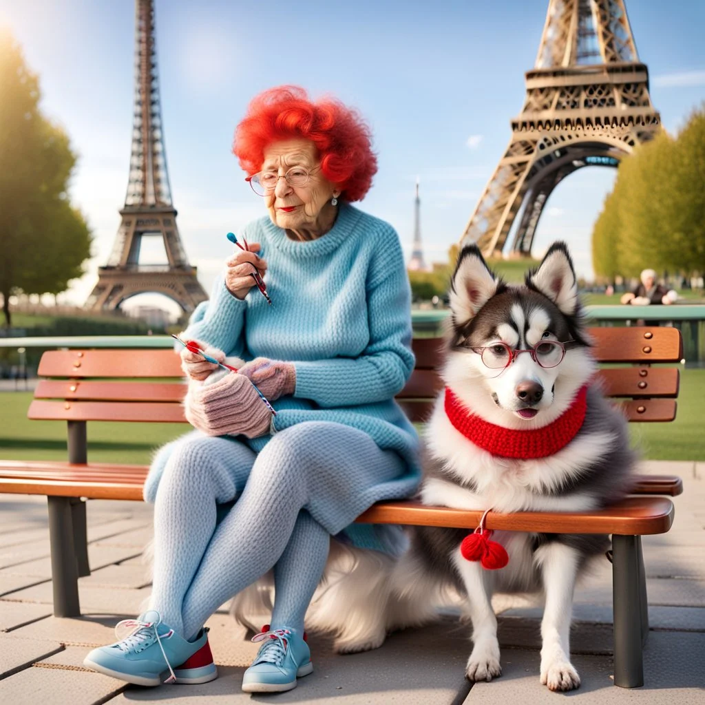 An elderly woman is knitting on a park bench, accompanied by her furry companion - a calm husky dog ​​resting next to her. In the background is the Eiffel Tower. The woman's lively personality shines through her whimsical outfit - a light blue sweater, striped tights and large round glasses perched on her nose. Her spiky red hair adds a touch of glamor to the scene. The sweet dog, with a shaggy yellow coat, lies peacefully with his head resting on the knitted fabric, providing a faithful compani