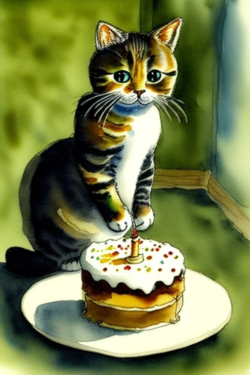 A cute cat is having a birthday cake. Watercolour