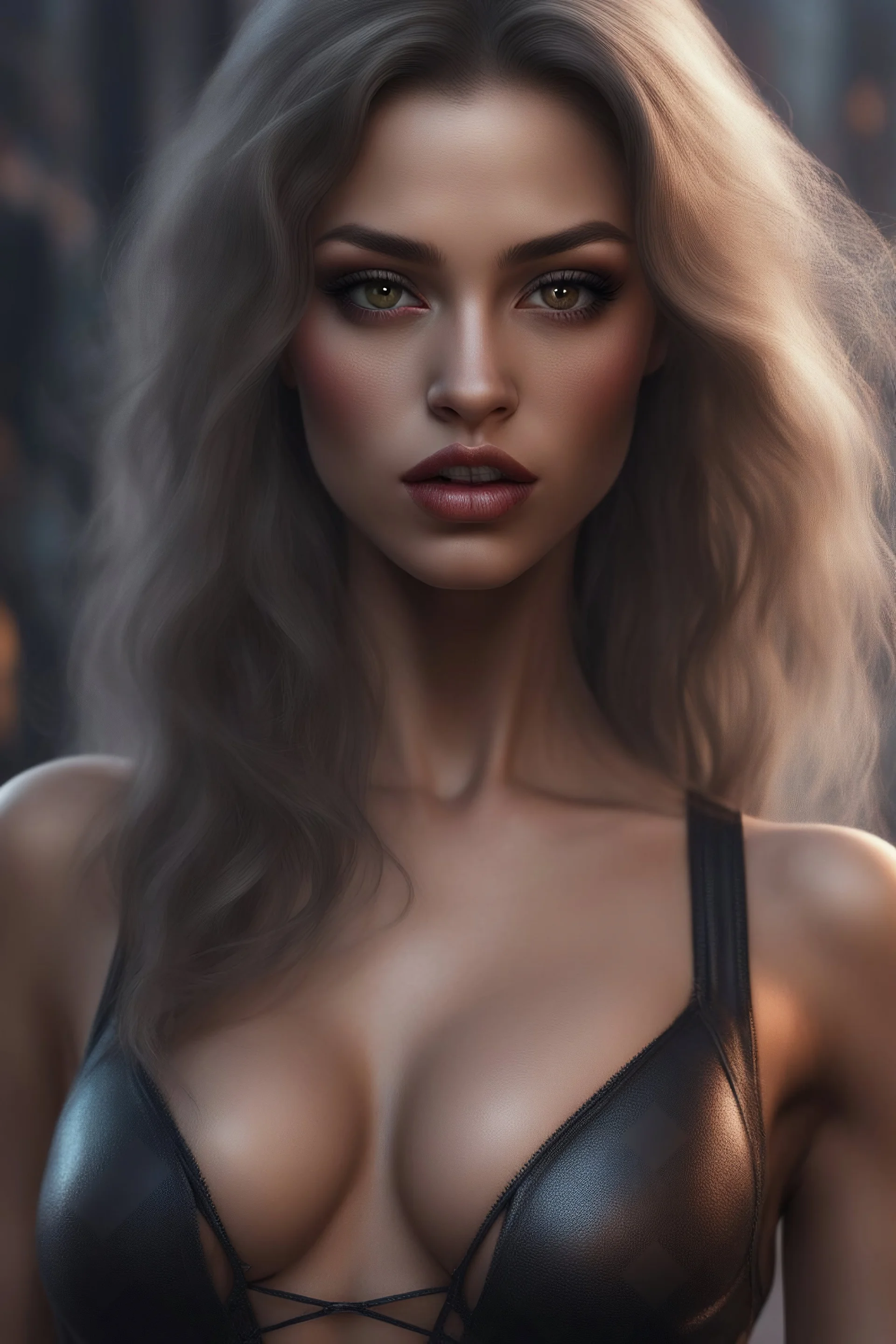 Nosferatits - head and shoulders portrait, Photorealistic, hyperrealism, Dazzling, Complex, dramatic, bold, attractive Midge the Werewolf babe, perfect, Athletic, toned body with tanned skin, perfectly formed body, Dracula City, extremely detailed, lipstick, eyeshadow, eyeliner, mascara, rouge, photorealistic, 4k UHD Photograph, Hairy,