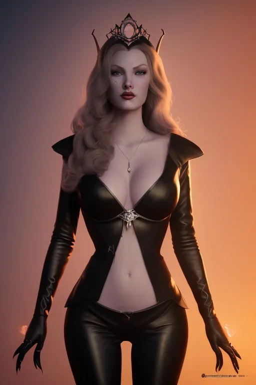 Veronica Lake as evil queen in black leather, busty, cleavage, curvy, angry, stern look. character design by cory loftis, fenghua zhong, ryohei hase, ismail inceoglu and ruan jia. unreal engine 5, artistic lighting, highly detailed, photorealistic, fantasy