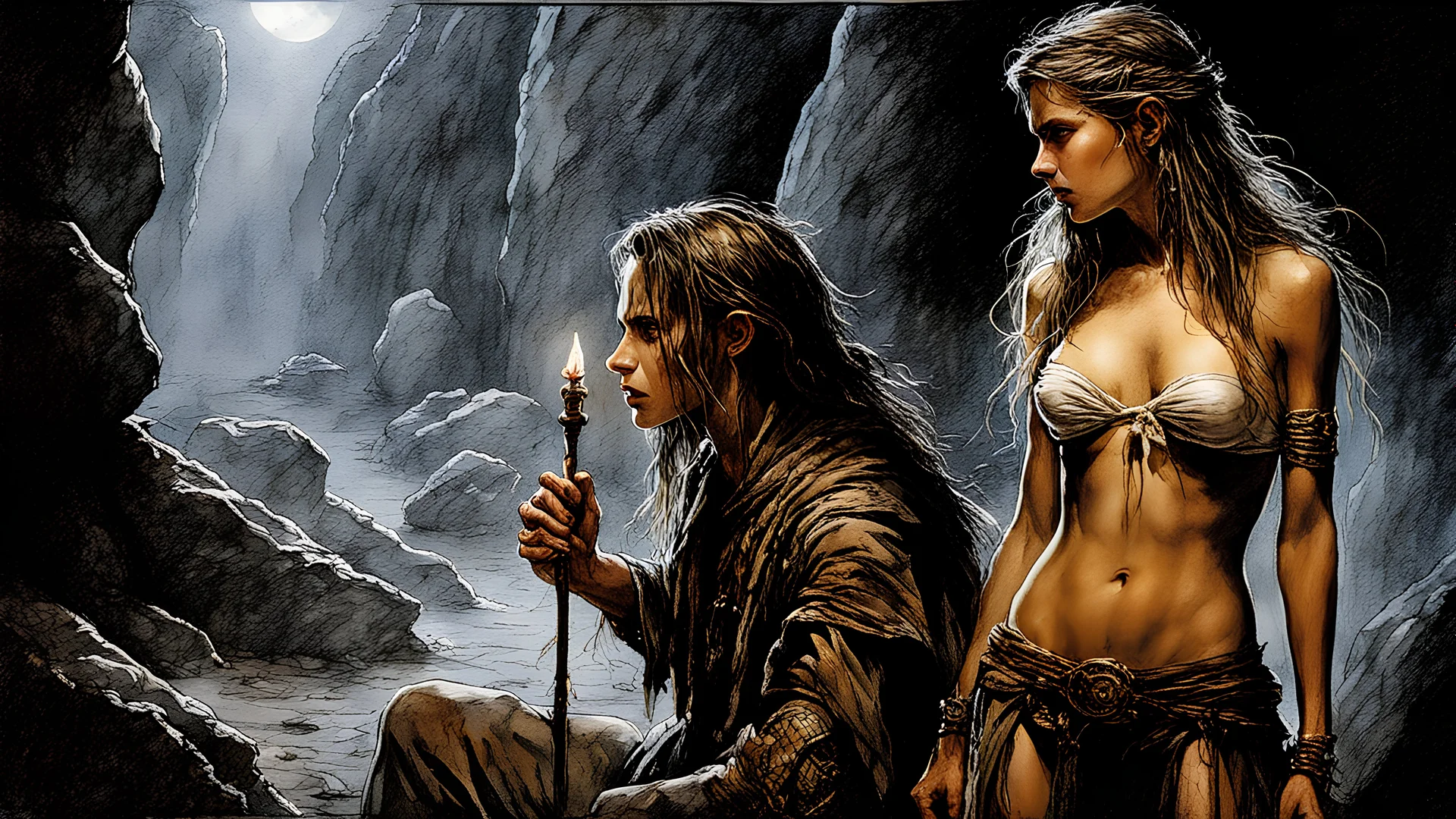 Hyper-photorealistic watercolor art style by Luis Royo, A dark cave lit only by oil lamps, a stone altar, animal skins, a young man and a girl, hyperdetailed face, full body diagonal shot, encounters male bandits in dark fantasy countryside setting, absence of mysterious elements, dramatic lighting, ultrafine detail, octane rendering., darkness world