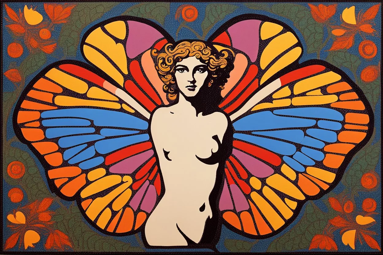 colorful psychedelic painting of ancient god psyche depicted in ancient mosaic art as a butterfly-winged woman by andy warhol